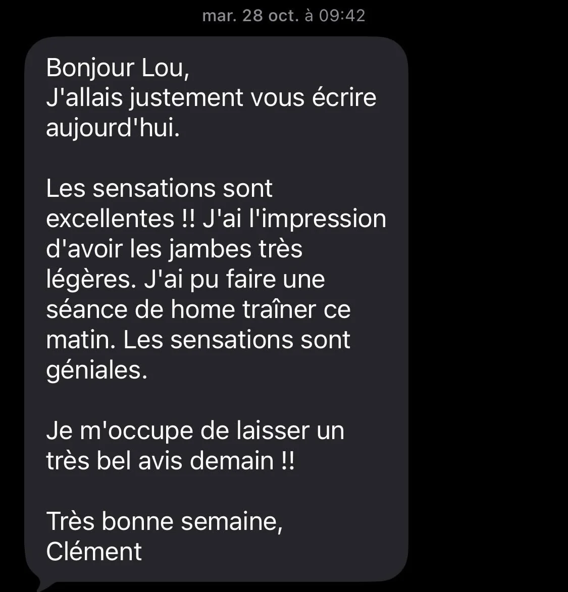 Message de Clément, client de Lou Pozol, sensations excellentes après séance